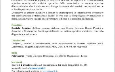 La Riforma dello Sport – 04 Ottobre 2022 – Ore 20.30 – Palataurus Lecco